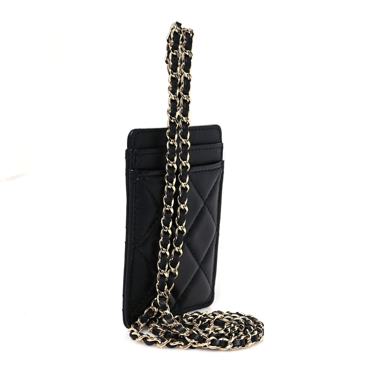 Lambskin Quilted Glitter Card Holder On Chain Black