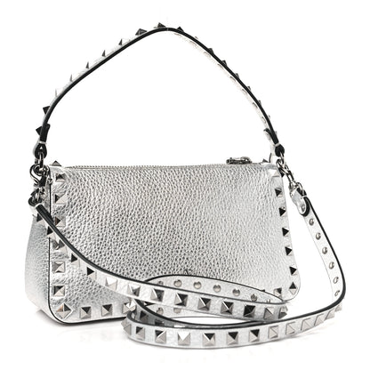 Valentino Garavani Metallic Pebbled Calfskin Small Rockstud Flip Lock Shoulder Bag Silver 3 of 9