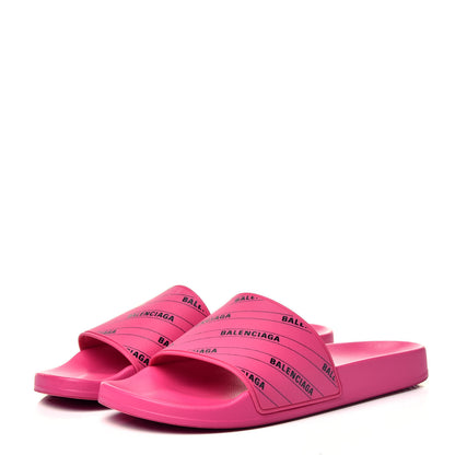 Balenciaga Rubber Allover Logo Womens Pool Slide Sandals 42 Pink Black 3 of 7