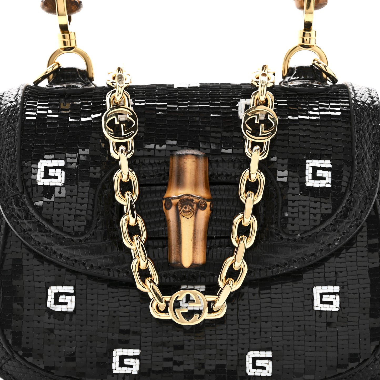 Sequin Lizard Embossed GG Mini Bamboo 1947 Top Handle Chain Bag Black White