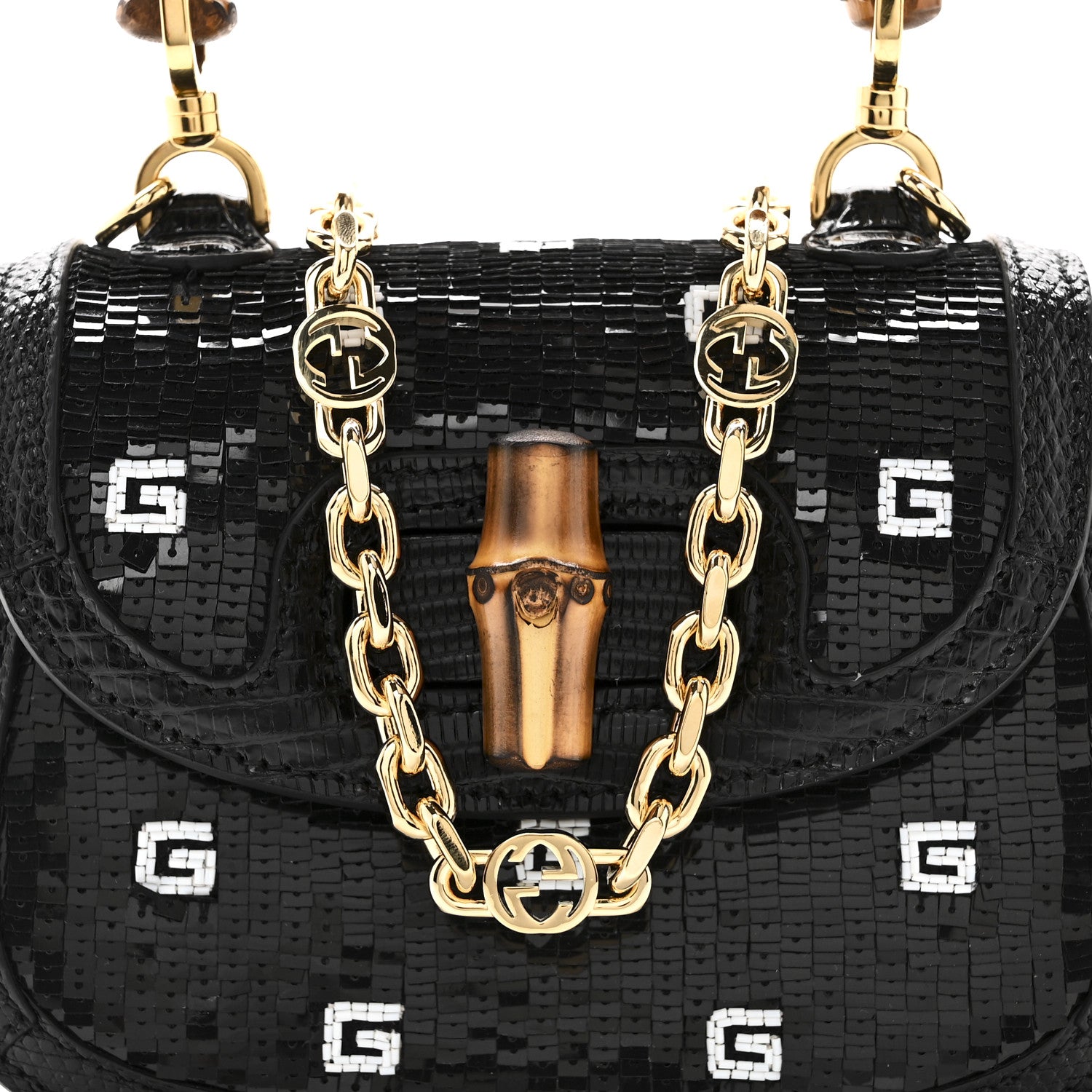 Gucci Sequin Lizard Embossed GG Mini Bamboo 1947 Top Handle Chain Bag Black White 8 of 10