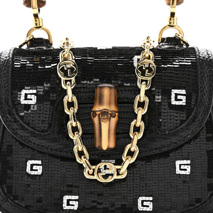 Gucci Sequin Lizard Embossed GG Mini Bamboo 1947 Top Handle Chain Bag Black White 8 of 10