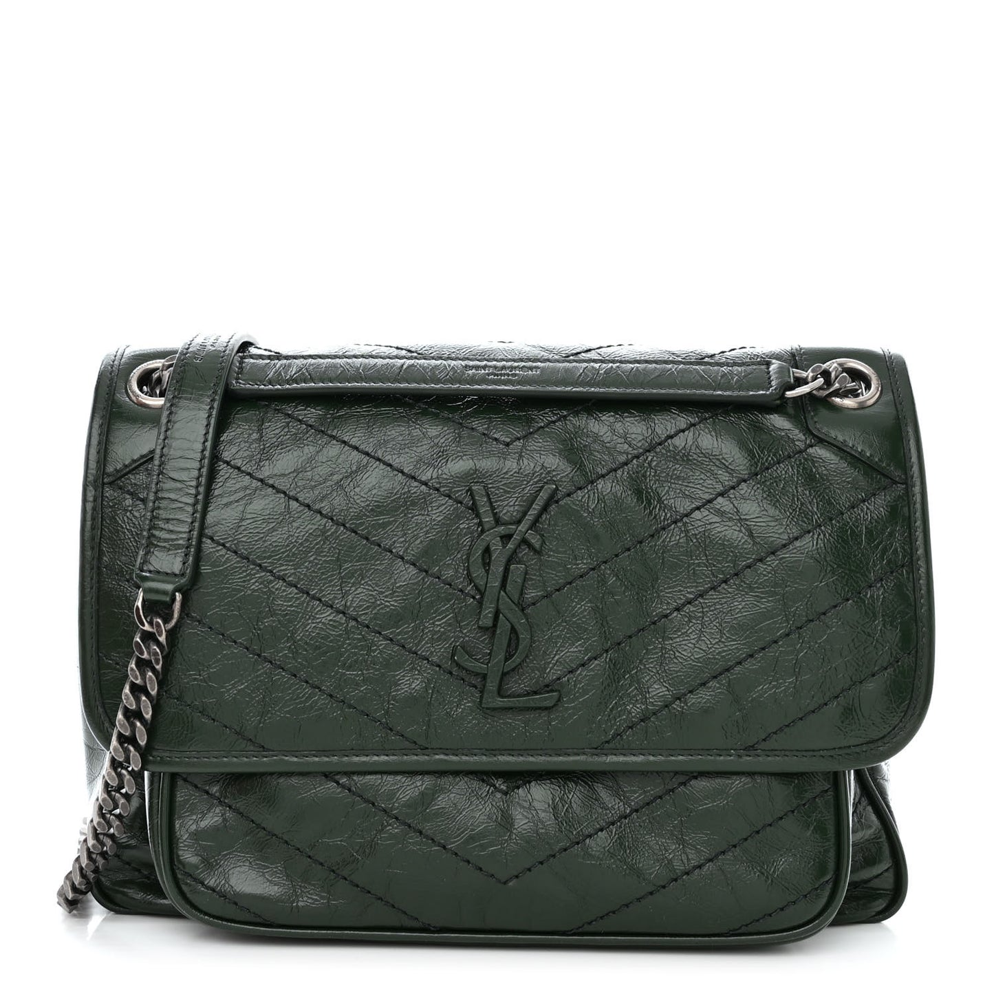 Crinkled Calfskin Matelasse Monogram Medium Niki Chain Satchel Military Olive