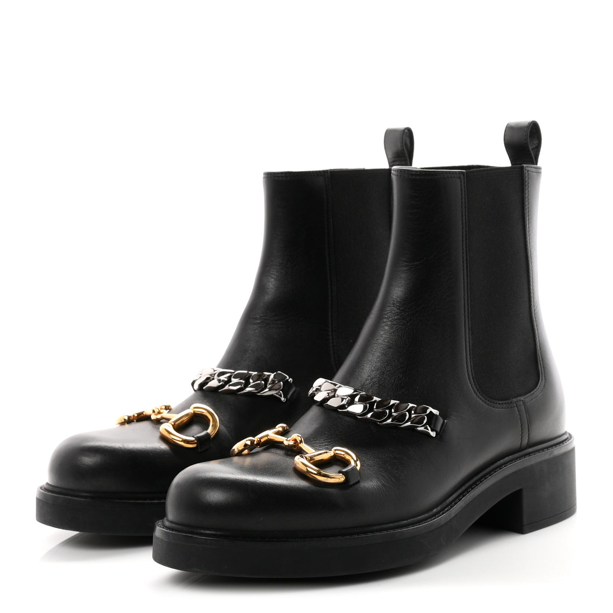 Gucci Flores Calfskin Horsebit Chain Ankle Boots 39 Black 4 of 10