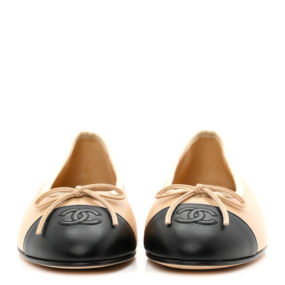 Chanel Lambskin Cap Toe CC Ballerina Flats 38 Beige Black 3 of 9