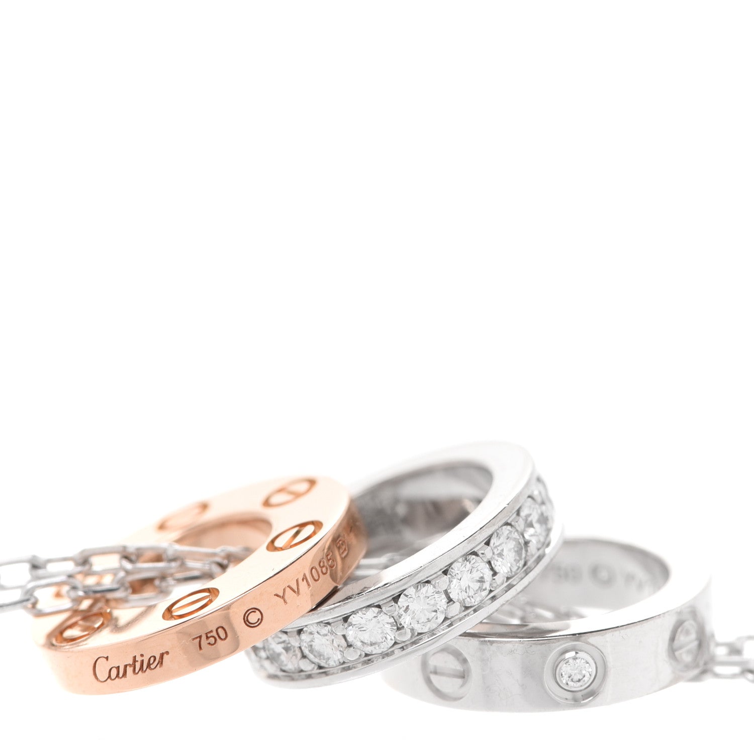 Cartier 18K White Pink Gold Diamond Three Ring LOVE Necklace 7 of 10
