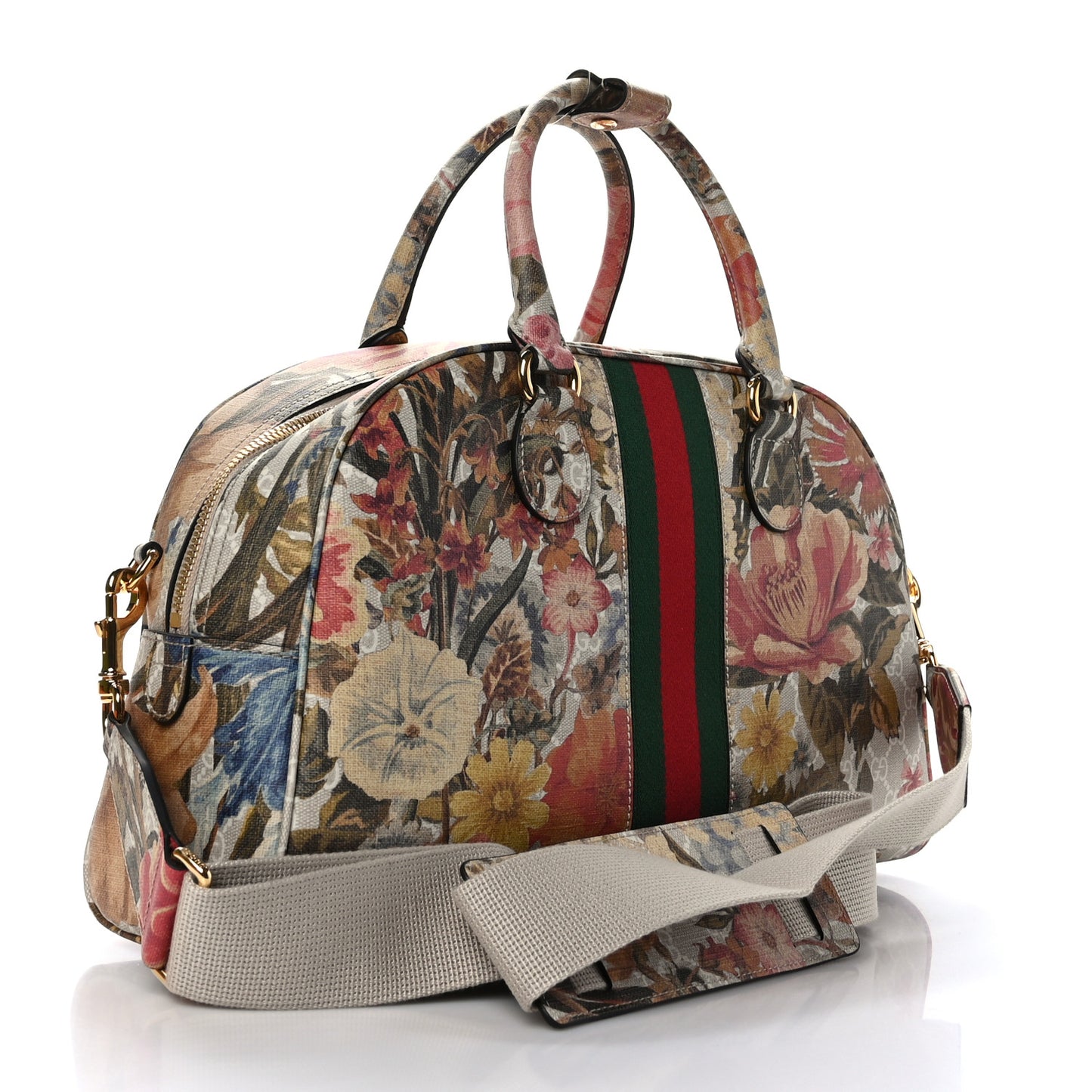 GG Supreme Monogram Water Flora Web Medium Ophidia Top Handle Duffle Bag White Multicolor