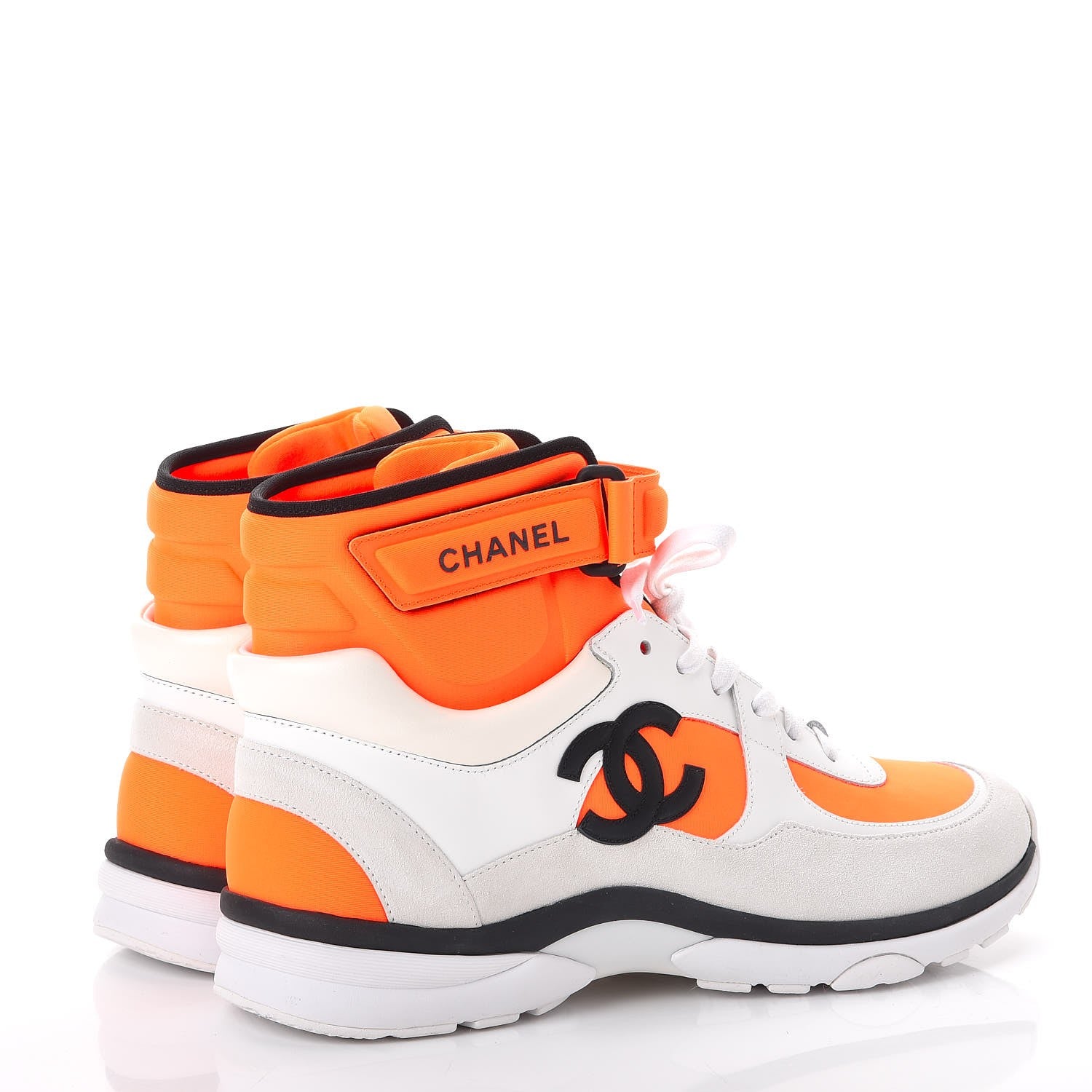 Chanel Suede Calfskin Lambskin Neoprene High Top CC Sneakers 41 White Fluo Orange 4 of 9
