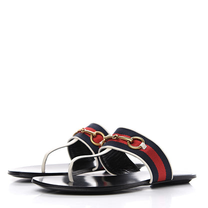 Gucci Calfskin Horsebit Web Thong Sandals 37.5 White Black 3 of 8