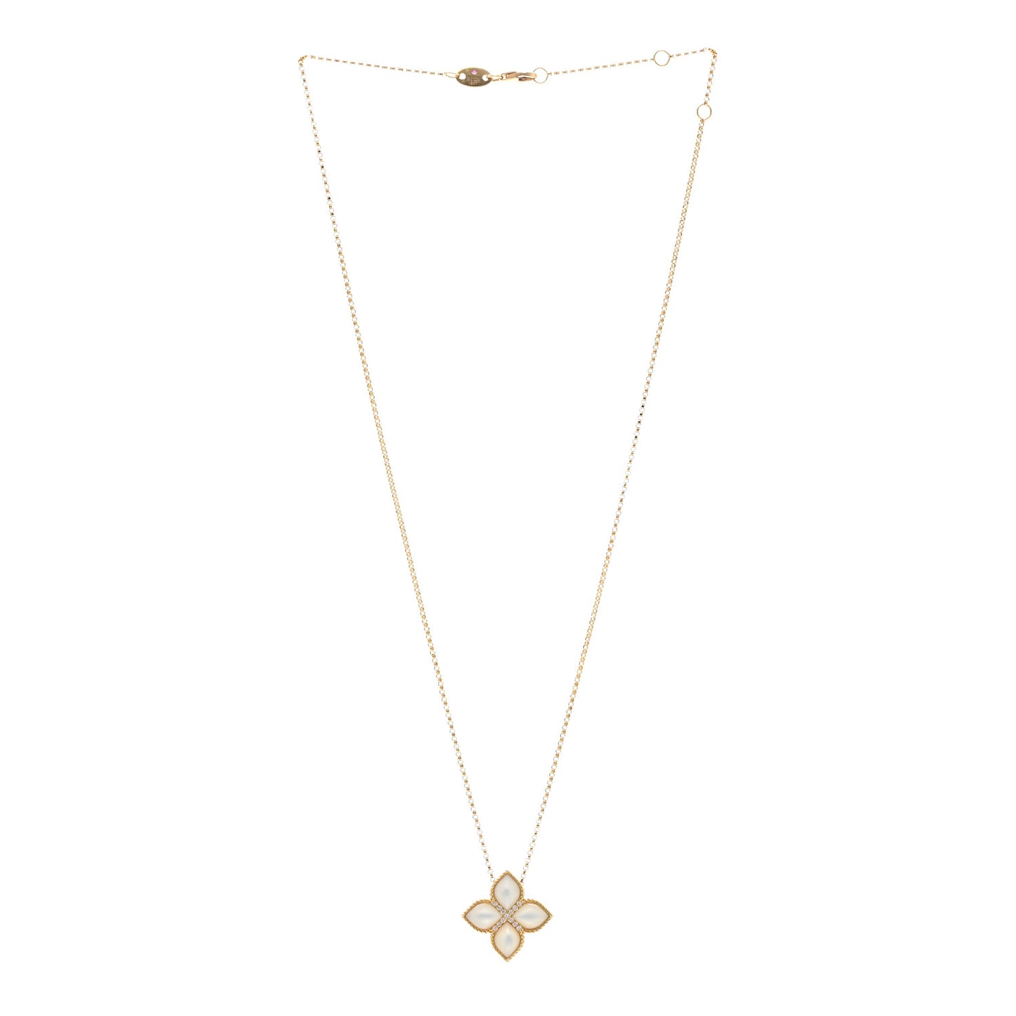 18K Yellow Gold Diamond Mother of Pearl Large Venetian Princess Flower Pendant Necklace