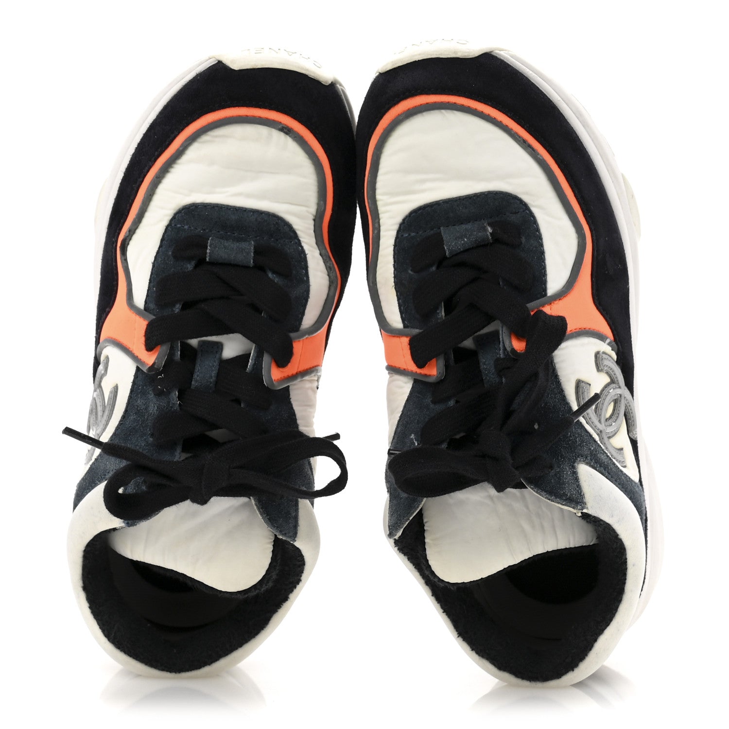 Chanel Nylon Calfskin Suede CC Womens Sneakers 35.5 Navy White Orange 2 of 11