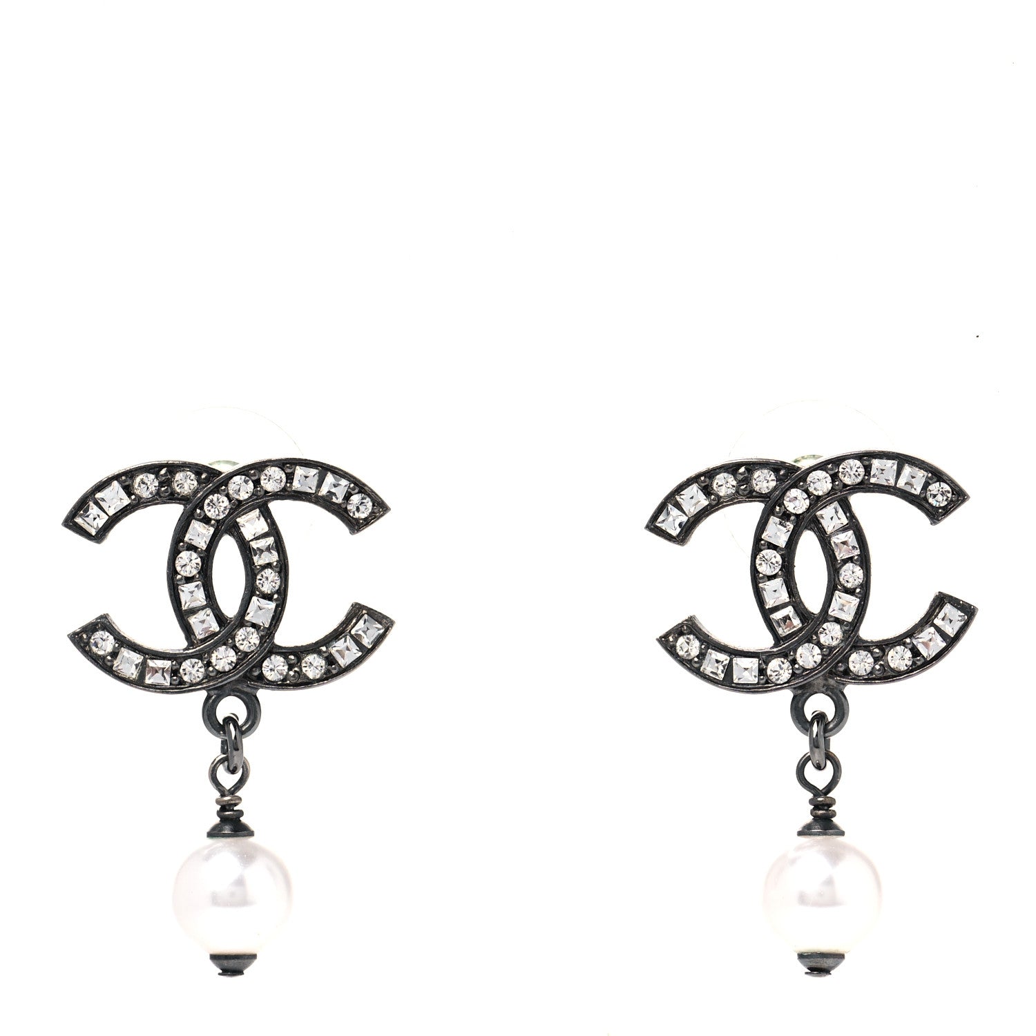 Chanel Ruthenium Crystal Pearl CC Drop Earrings 1 of 5