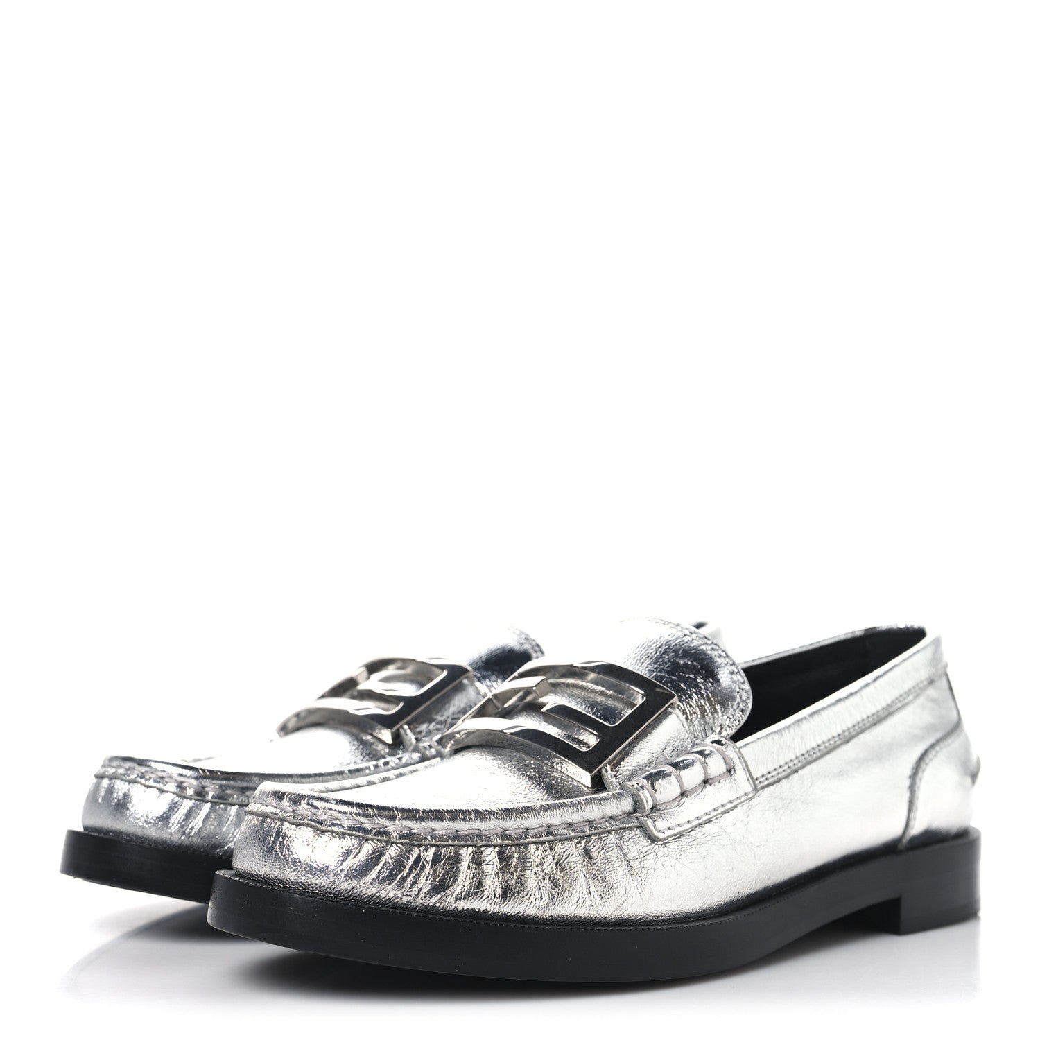 Fendi Metallic Vitello Womens Baguette Loafers 38 Argento 4 of 8