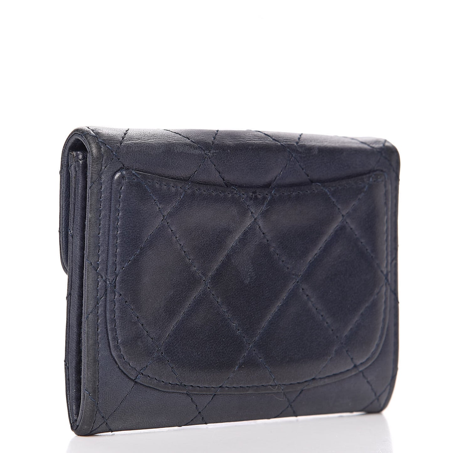 Lambskin Quilted Flap Card Holder Wallet Navy