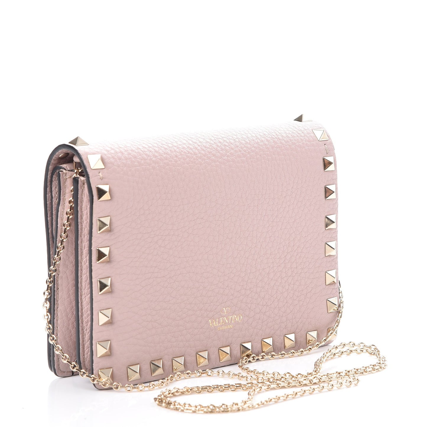 Pebbled Calfskin Rockstud Wallet on Chain Poudre