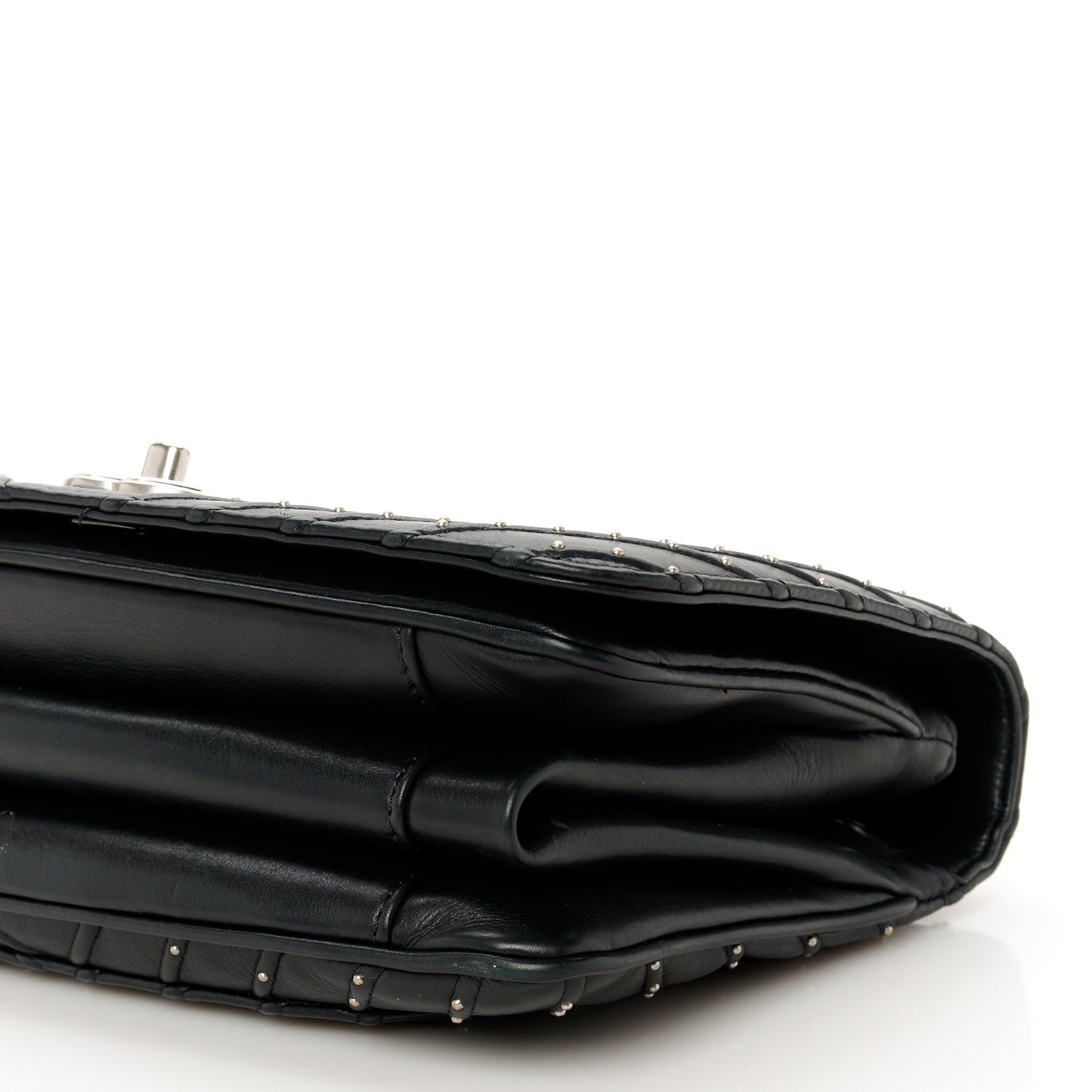 Calfskin Studded Chevron Quilted Flap Black