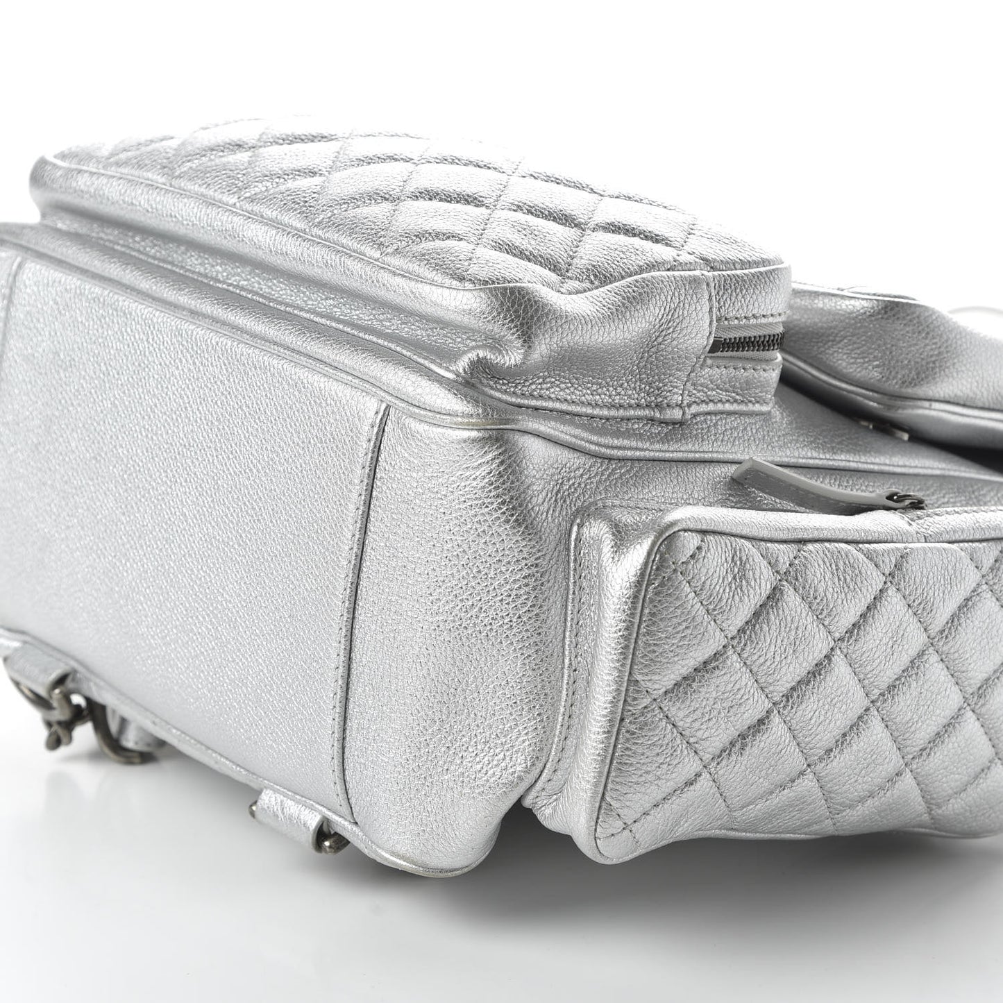 Metallic Grained Calfskin Quilted Large Casual Rock Backpack Silver