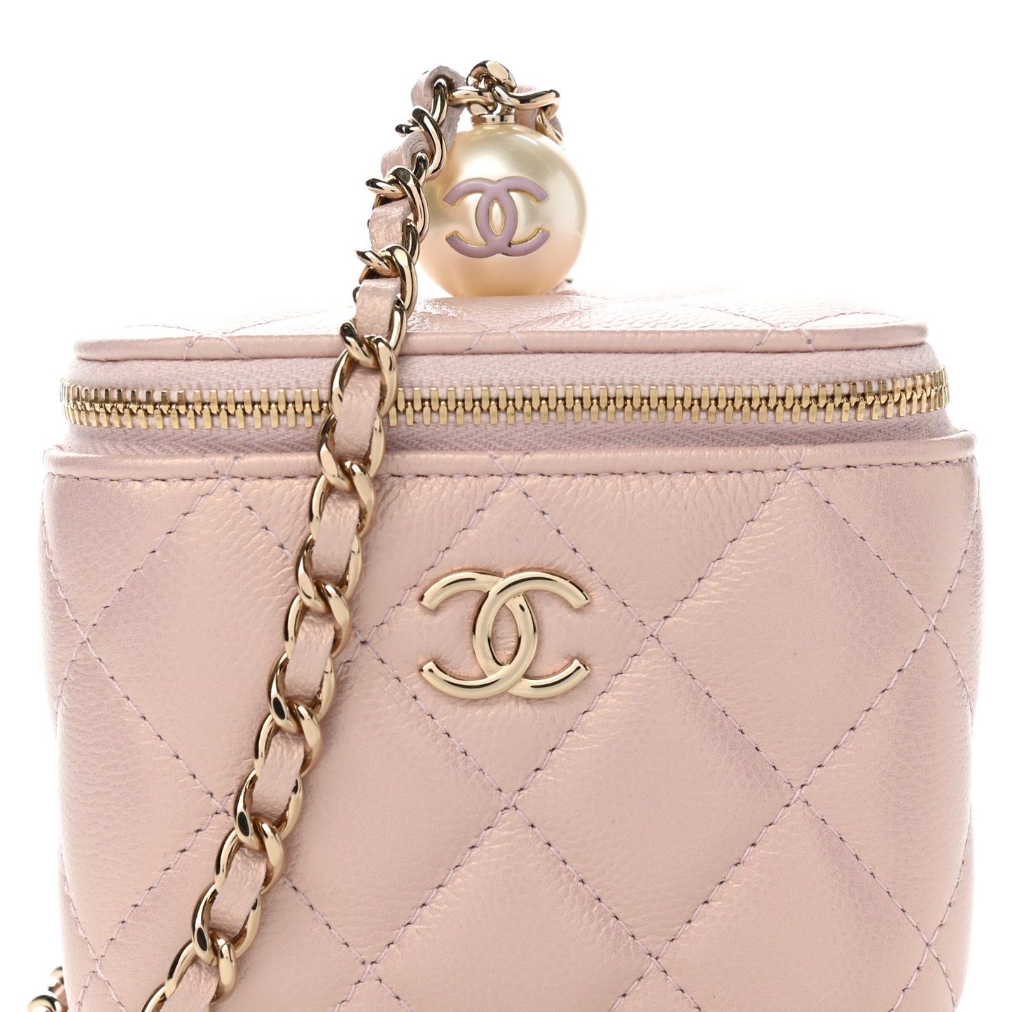 Iridescent Caviar Quilted Mini Pearl On Top Vanity Case With Chain Light Pink