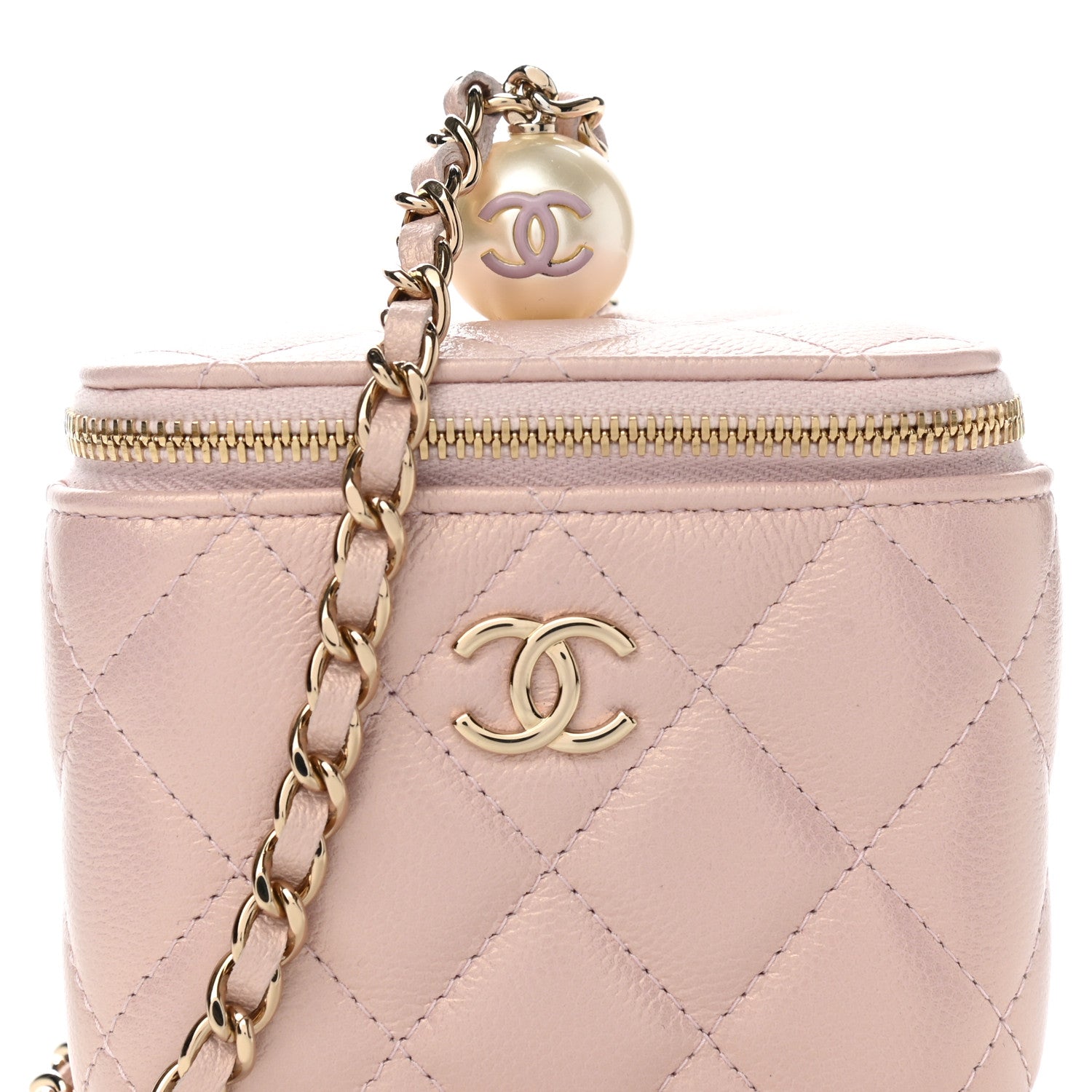 Chanel Iridescent Caviar Quilted Mini Pearl On Top Vanity Case With Chain Light Pink 9 of 12