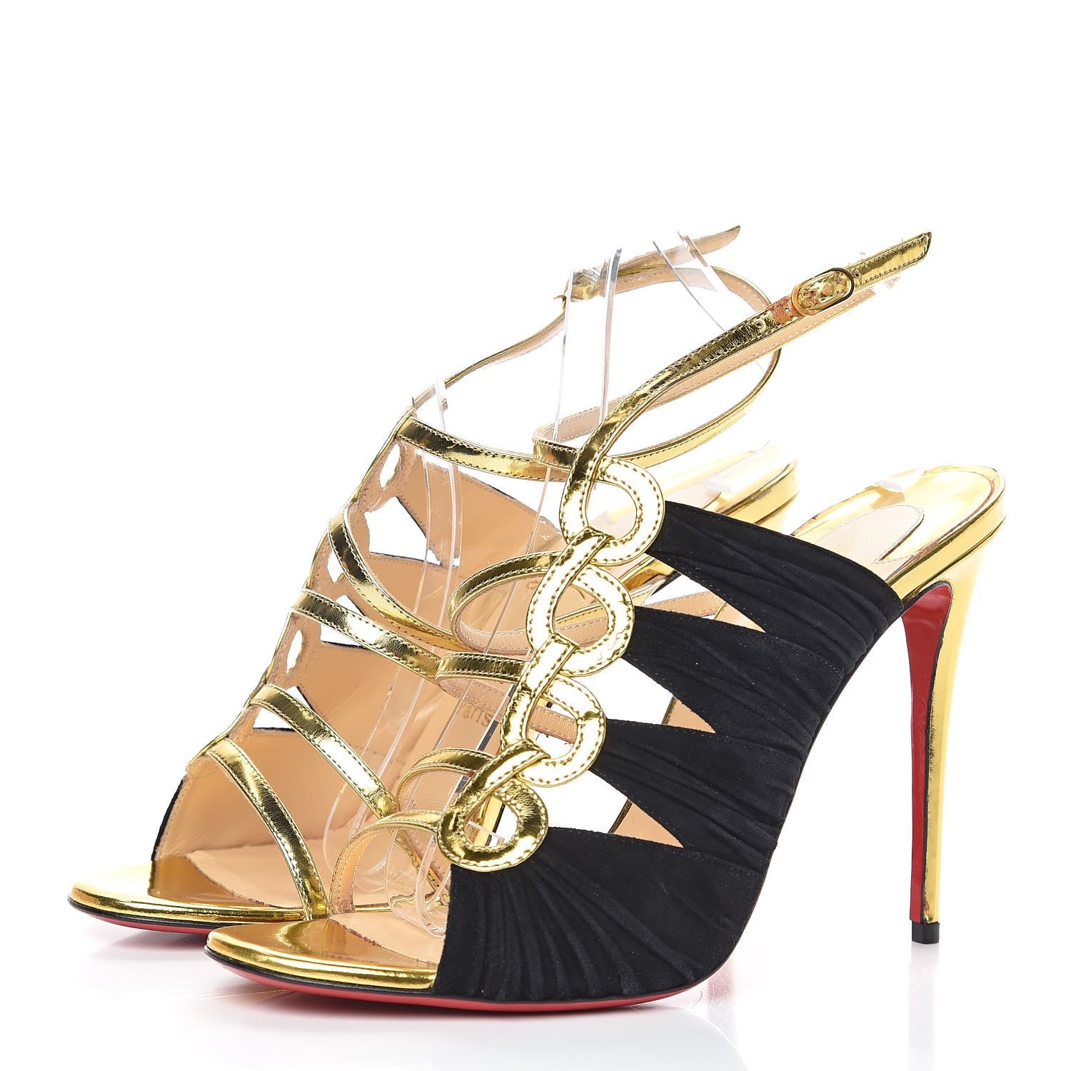 Christian Louboutin Specchio Veau Velours Tina Cage 100 Ankle Strap Sandals 39 Gold Black 3 of 8