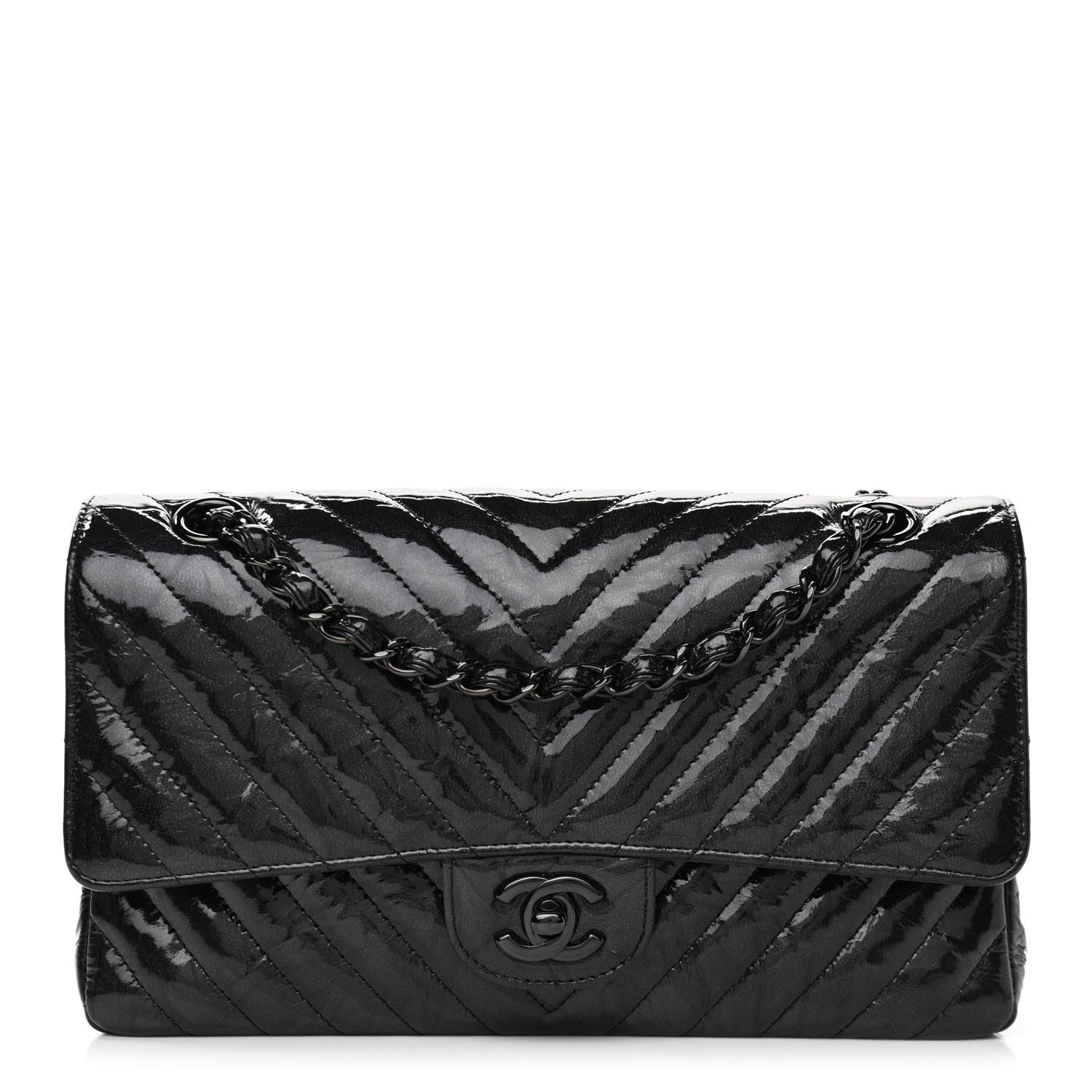 Chanel Metallic Patent Crumpled Calfskin Chevron Quilted Medium Double Flap So Black 1 of 11