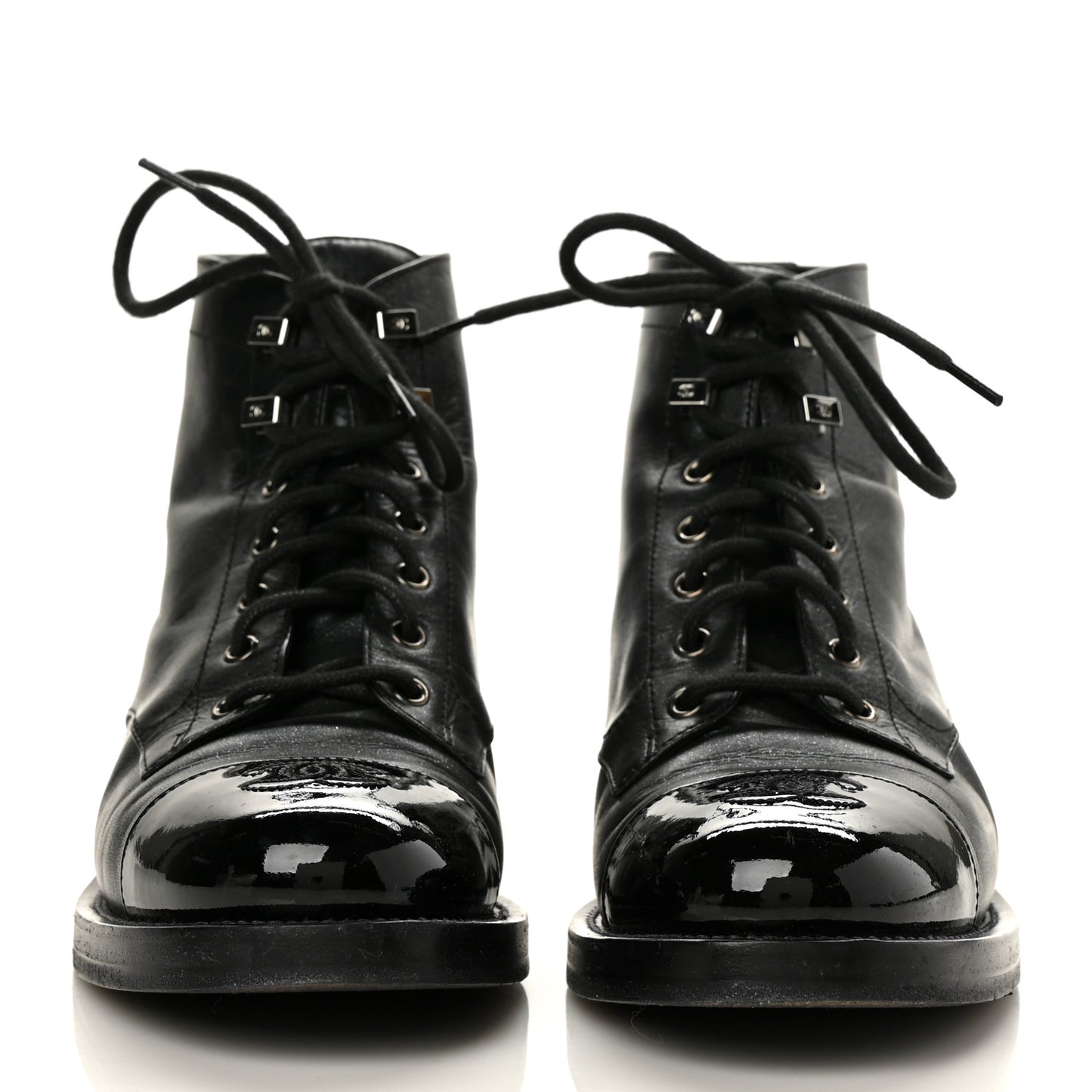 Iridescent Calfskin Patent Cap Toe Combat Boots 39.5 Black