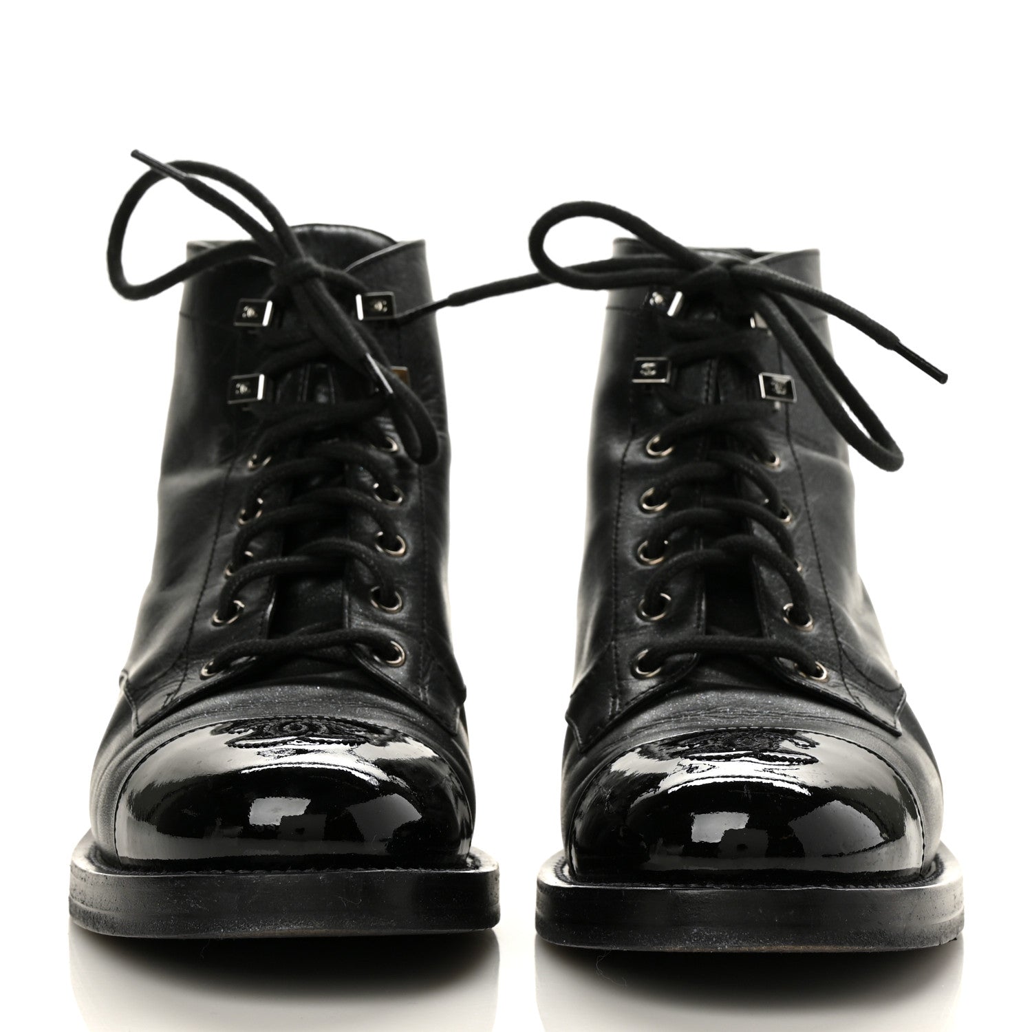 Chanel Iridescent Calfskin Patent Cap Toe Combat Boots 39.5 Black 2 of 9