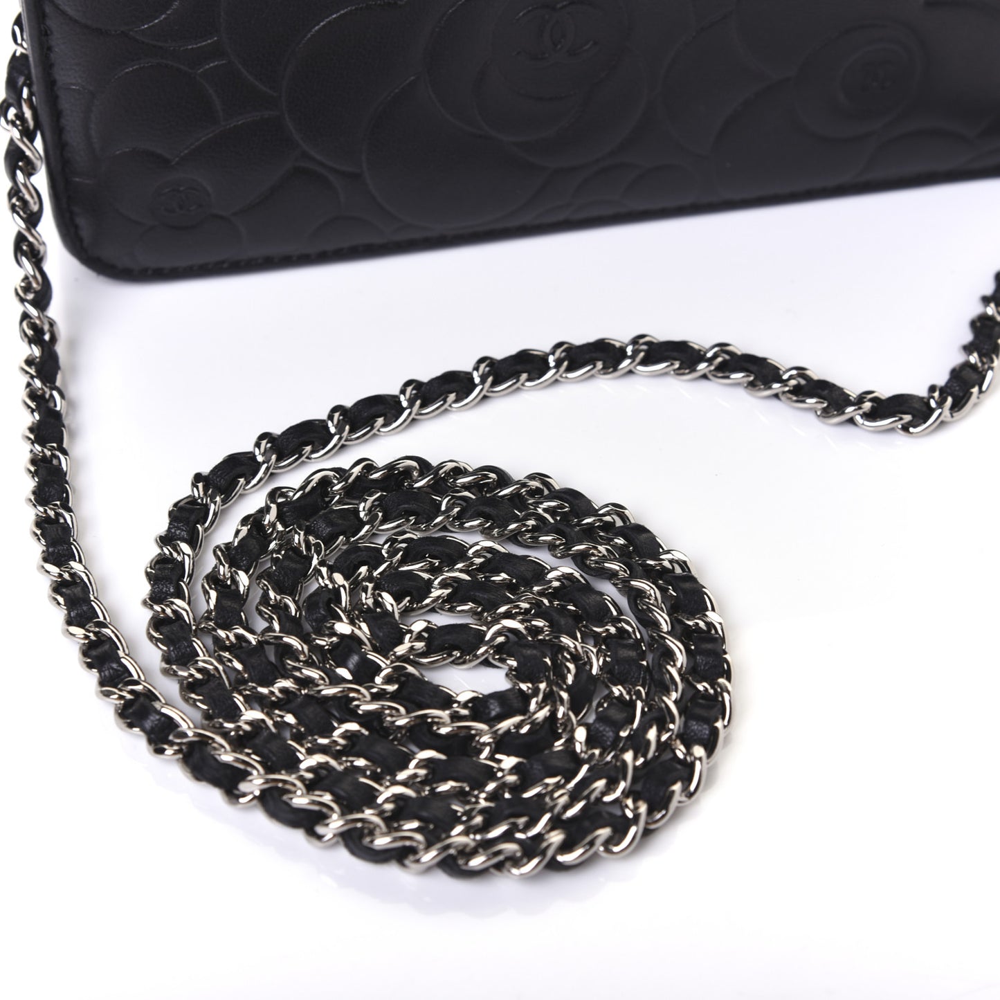 Lambskin Camellia Embossed Wallet on Chain WOC Black