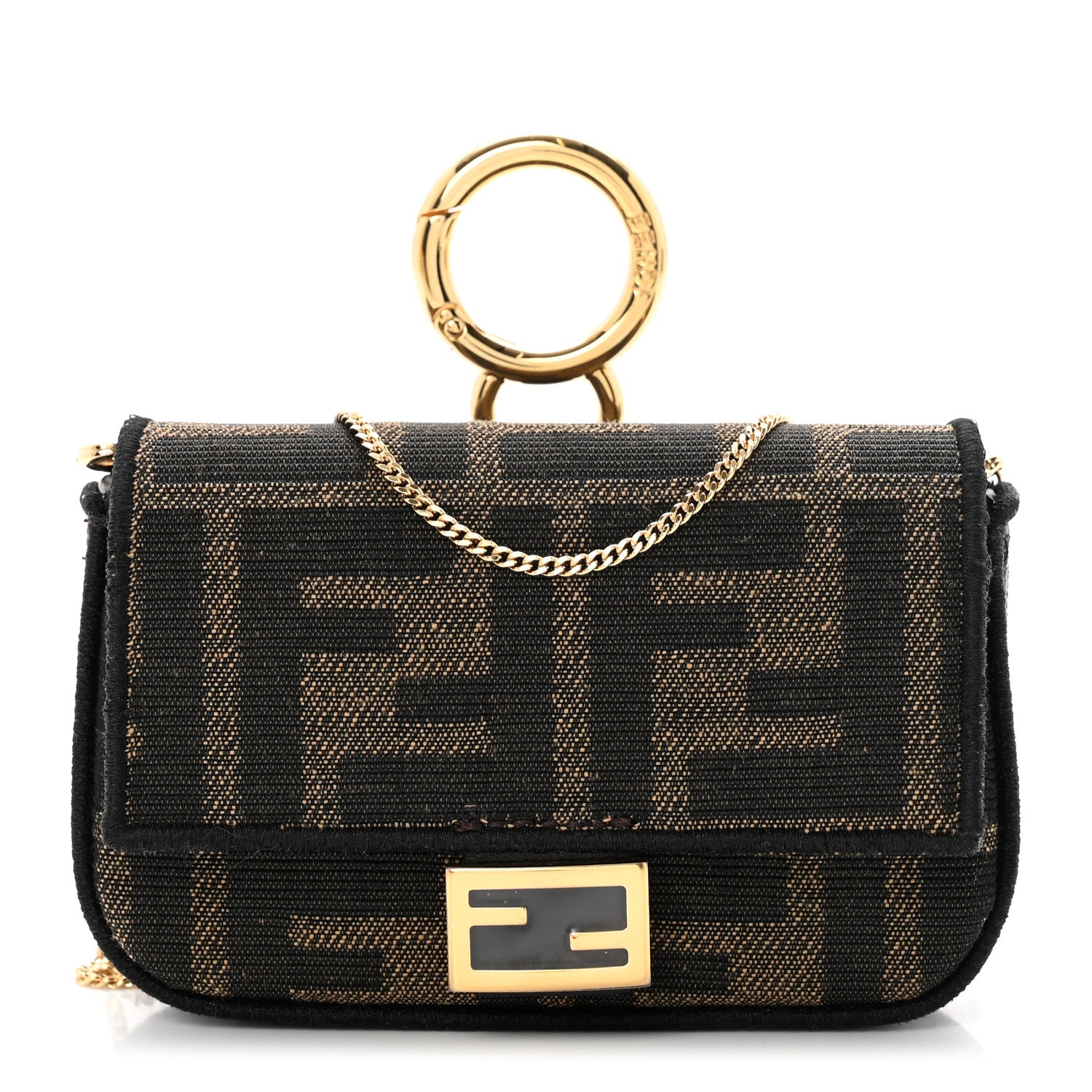 Fendi Fabric Jacquard FF 1974 Nano Baguette Charm Tobacco Moro Black 1 of 6