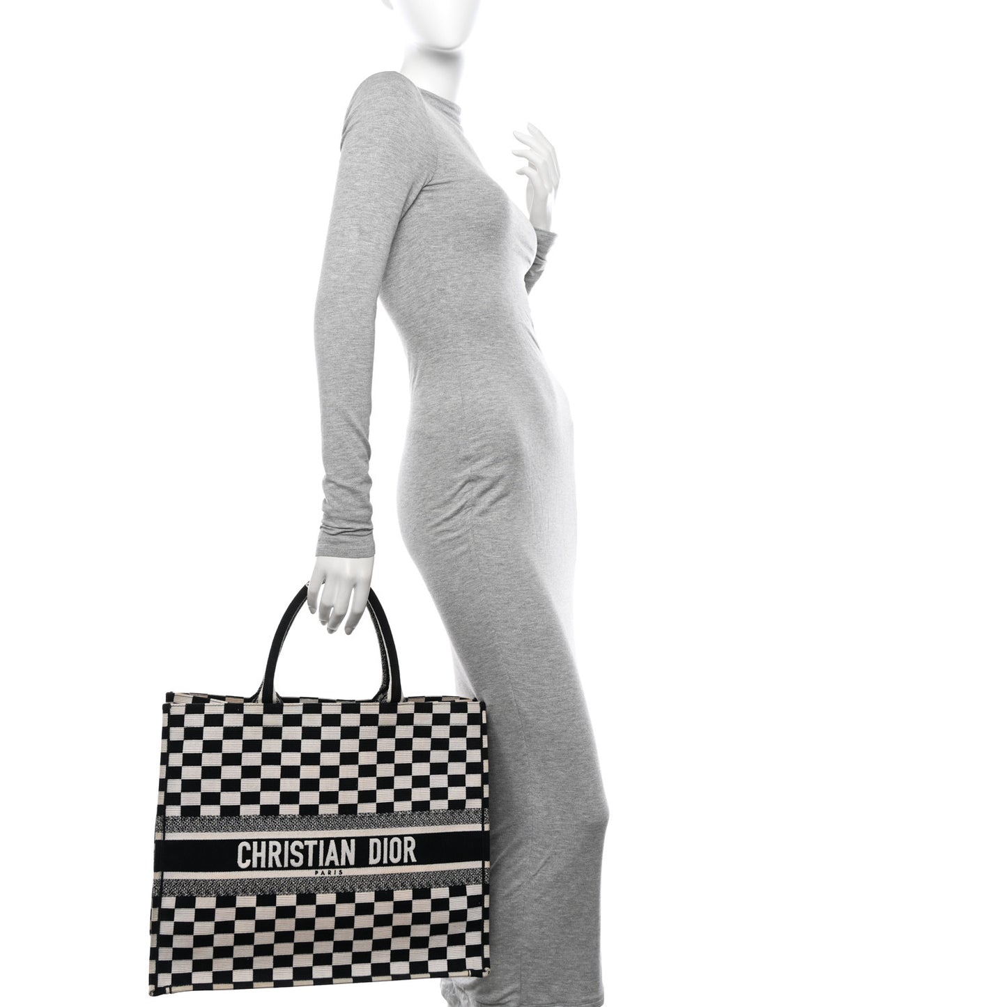 Canvas Embroidered Checkered Book Tote Black White