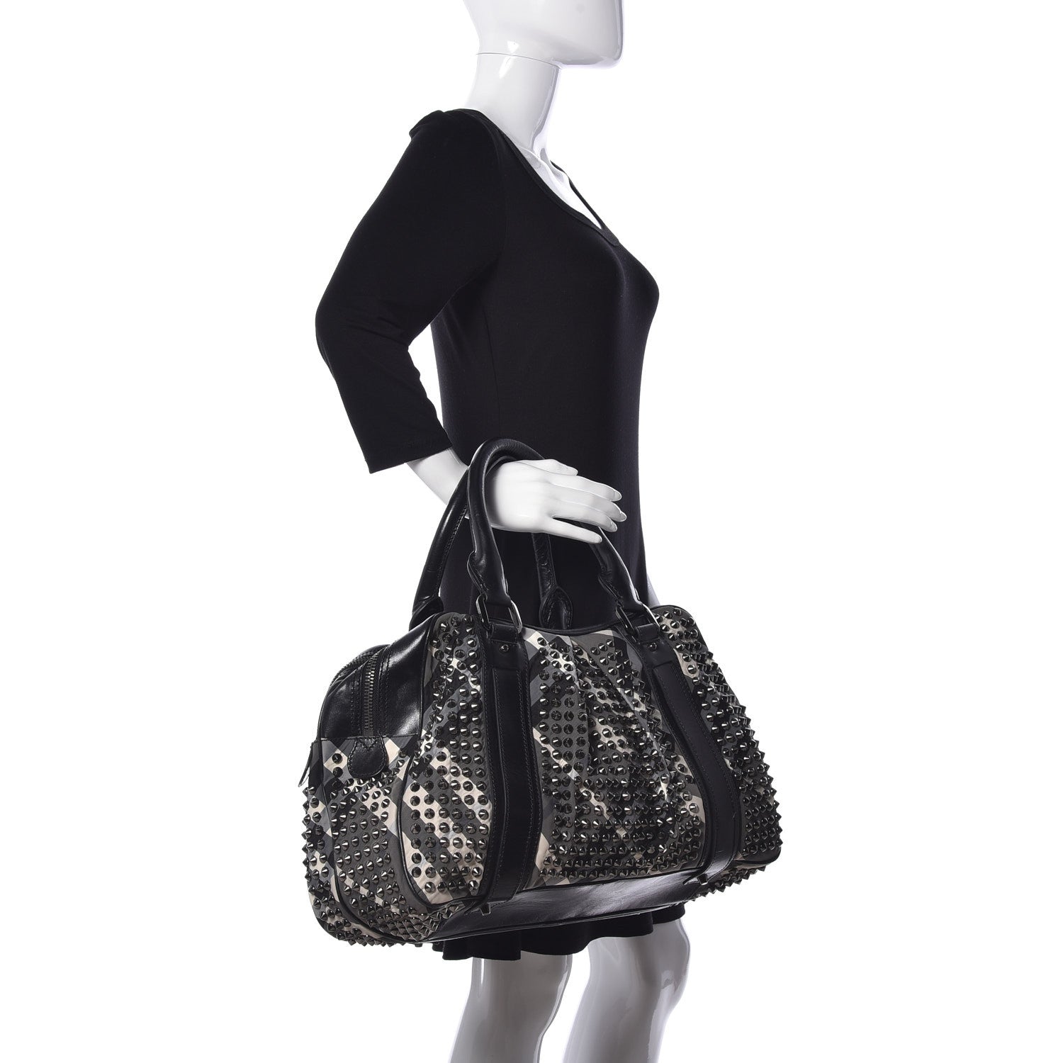 Burberry Nylon Beat Check Studded Satchel Black 2 of 8