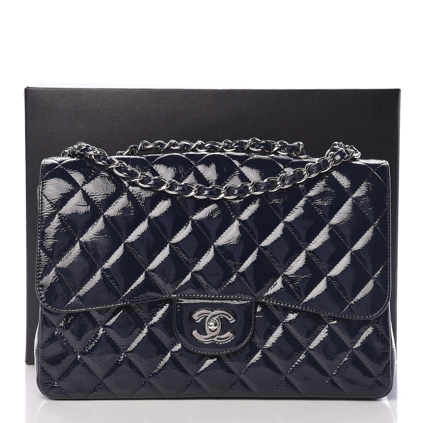 Distressed Patent Quilted Jumbo Single Flap Navy