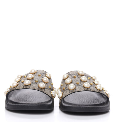 Gucci GG Supreme Monogram Pearls Slide Sandals 37 Beige 2 of 8