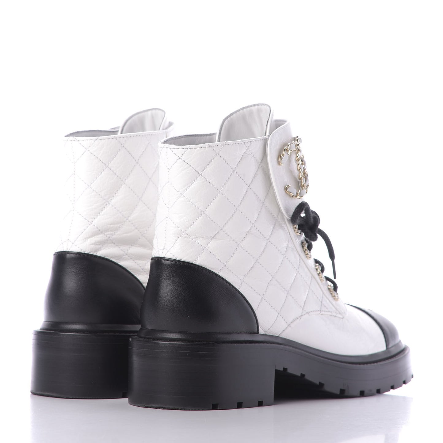 Shiny Goatskin Calfskin Quilted Lace Up Combat Boots 37.5 White Black