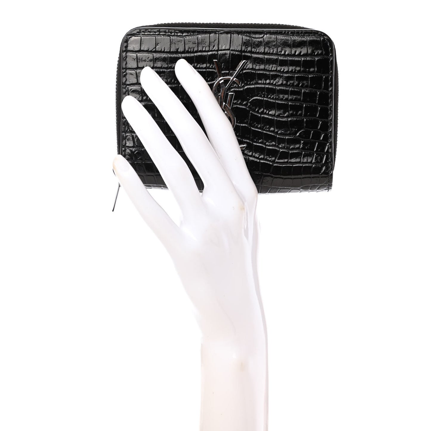 Calfskin Crocodile Embossed Monogram Compact Wallet Black