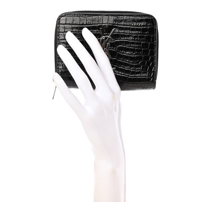 Saint Laurent Calfskin Crocodile Embossed Monogram Compact Wallet Black 2 of 8