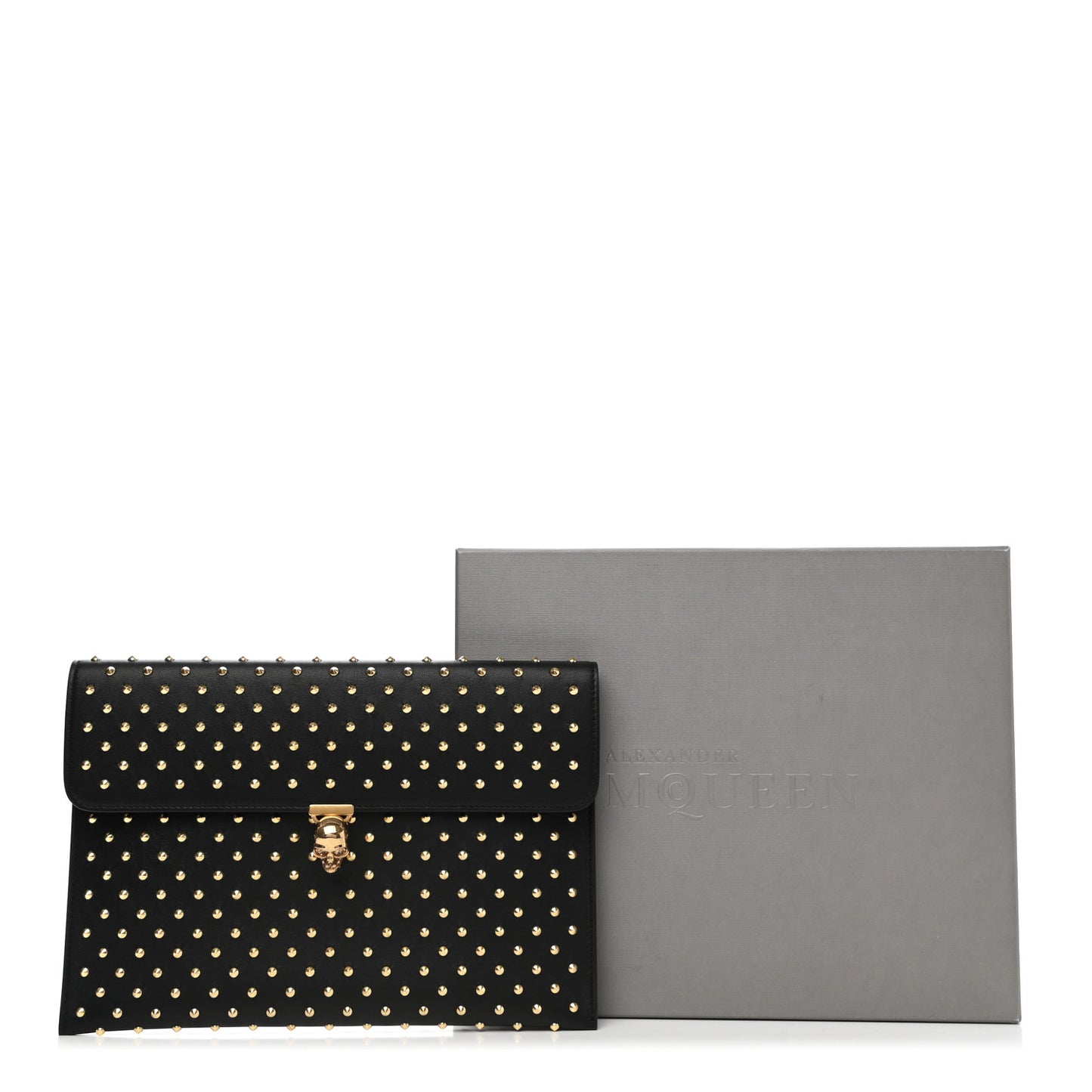 Calfskin Studded Skull Envelope Clutch Black