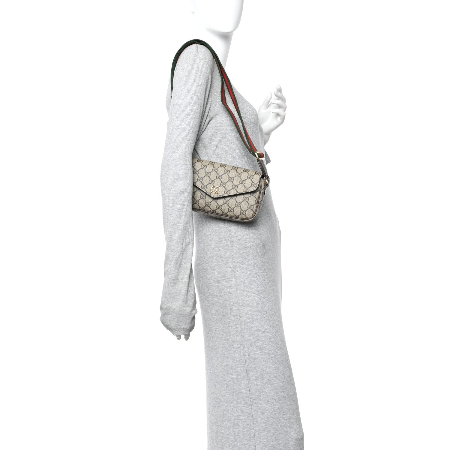 Gucci GG Supreme Monogram Textured Dollar Calfskin Web Mini Ophidia Envelope Shoulder Bag Beige Ebony New Acero 2 of 11