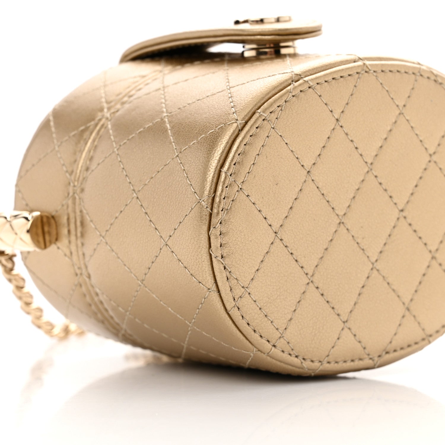 Chanel Metallic Lambskin Quilted Round Mini Vanity Case With Chain Gold 9 of 11