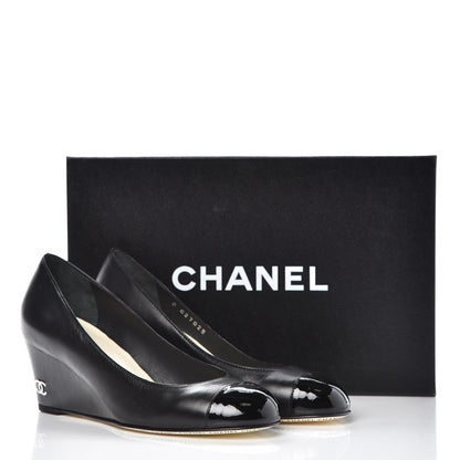Chanel Lambskin Patent Cap Toe Wedges 35.5 Black 8 of 8