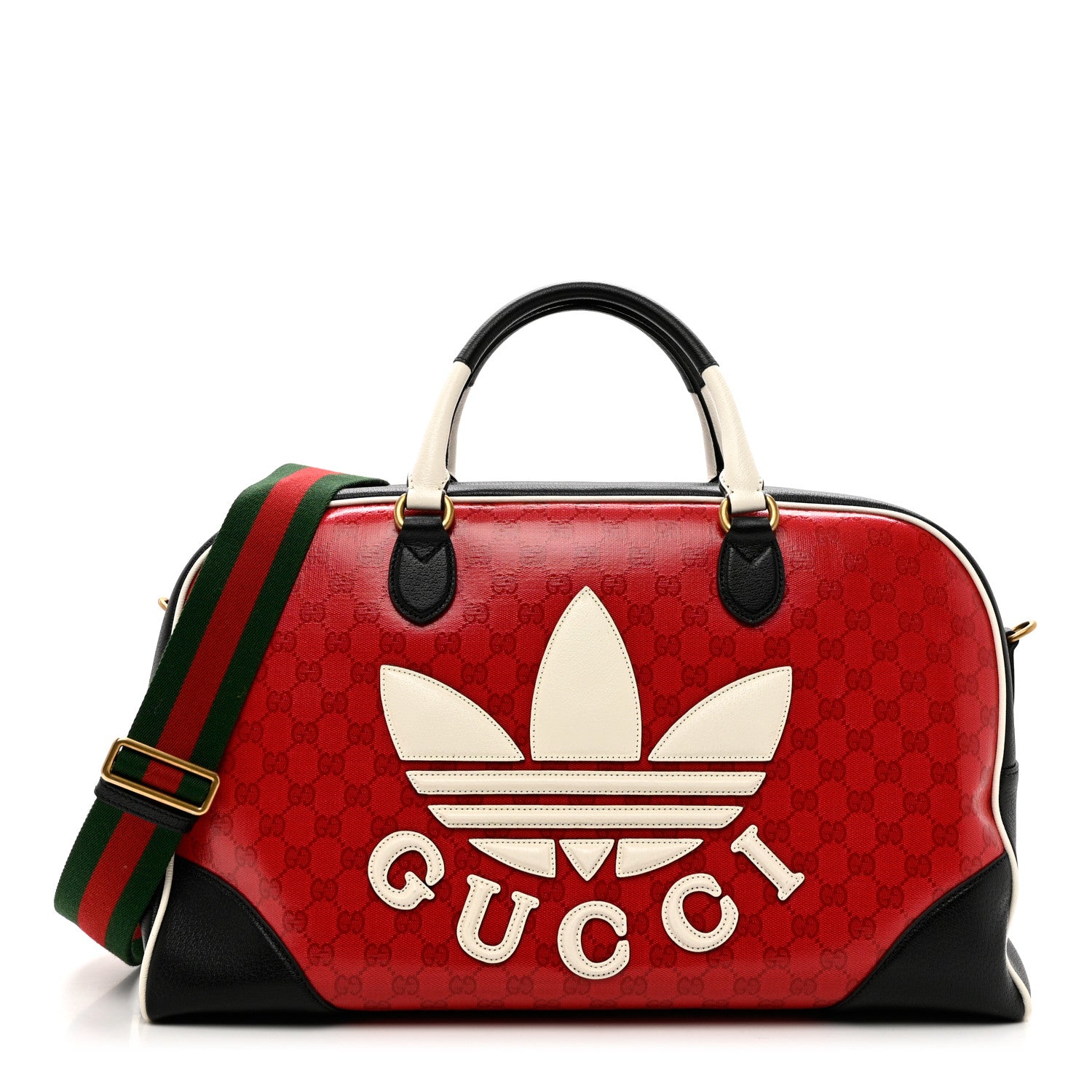 Gucci X ADIDAS Crystal Vintage Monogram Textured Dollar Calfskin Web Trefoil Logo Large Duffle Bag Hibiscus Red Off White Black 1 of 8