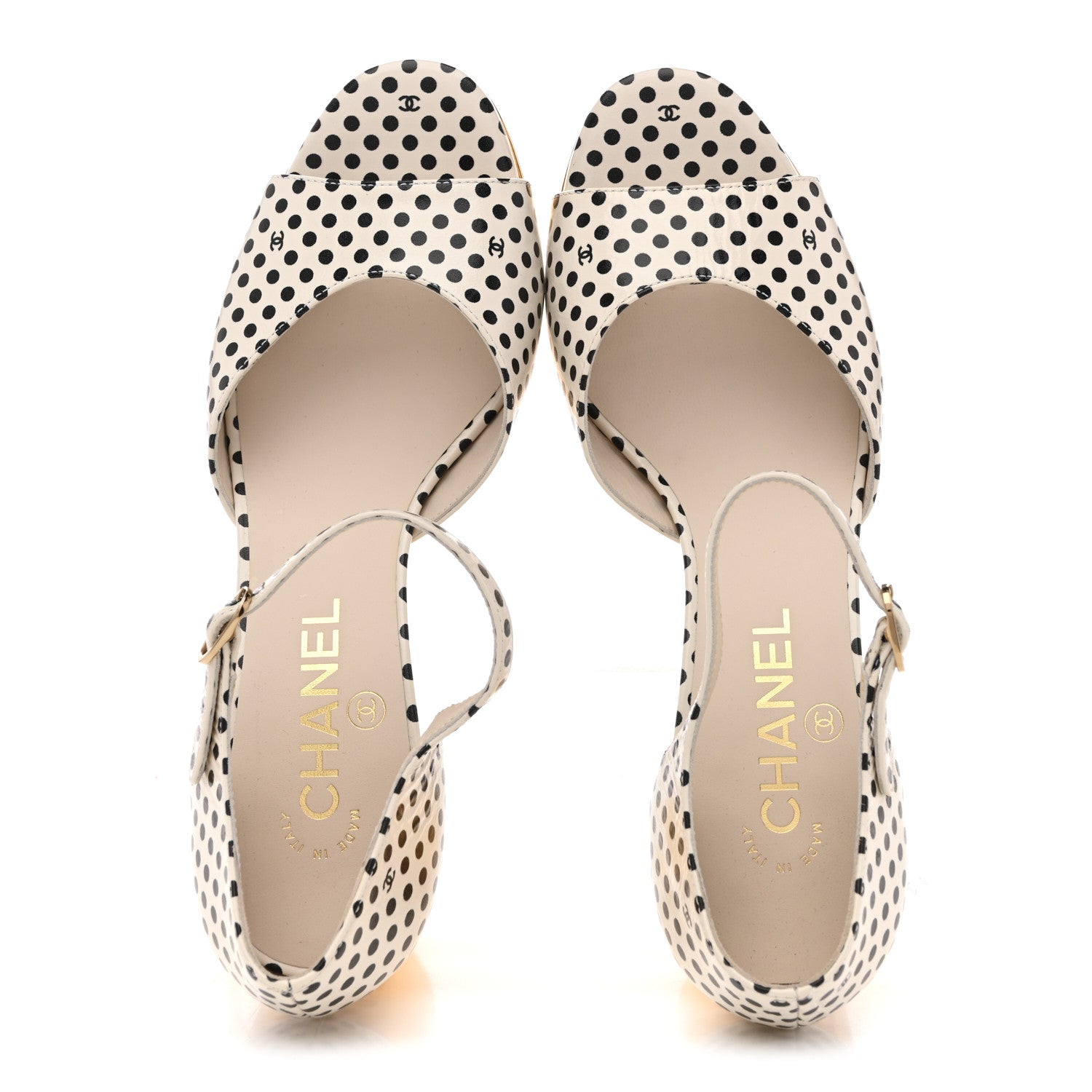 Chanel Printed Calfskin Polka Dot CC Platform Sandals 37 Ivory Black 2 of 9