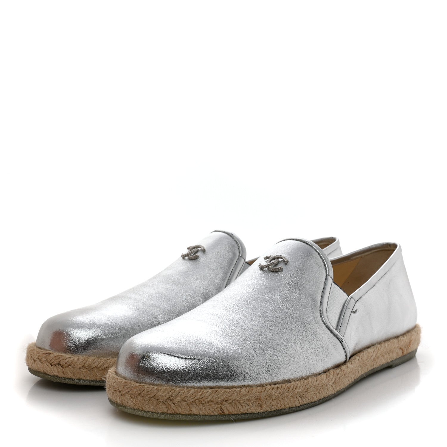 Chanel Crumpled Lambskin CC Mocassin Loafer Espadrilles 40.5 Silver 3 of 10