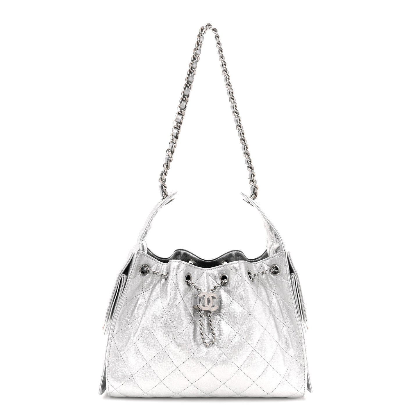 Metallic Caviar Quilted Small Chanel 25 Handbag Silver