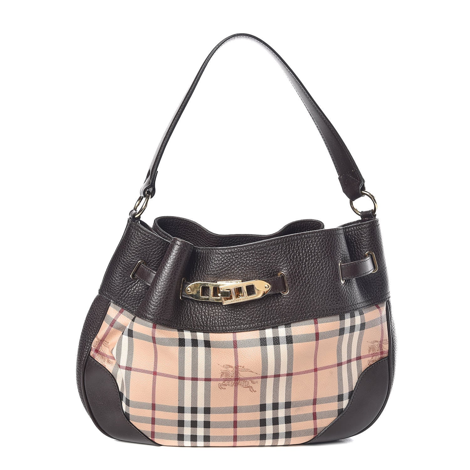 Burberry Grained Calfskin Haymarket Check Hobo Dark Brown 1 of 11