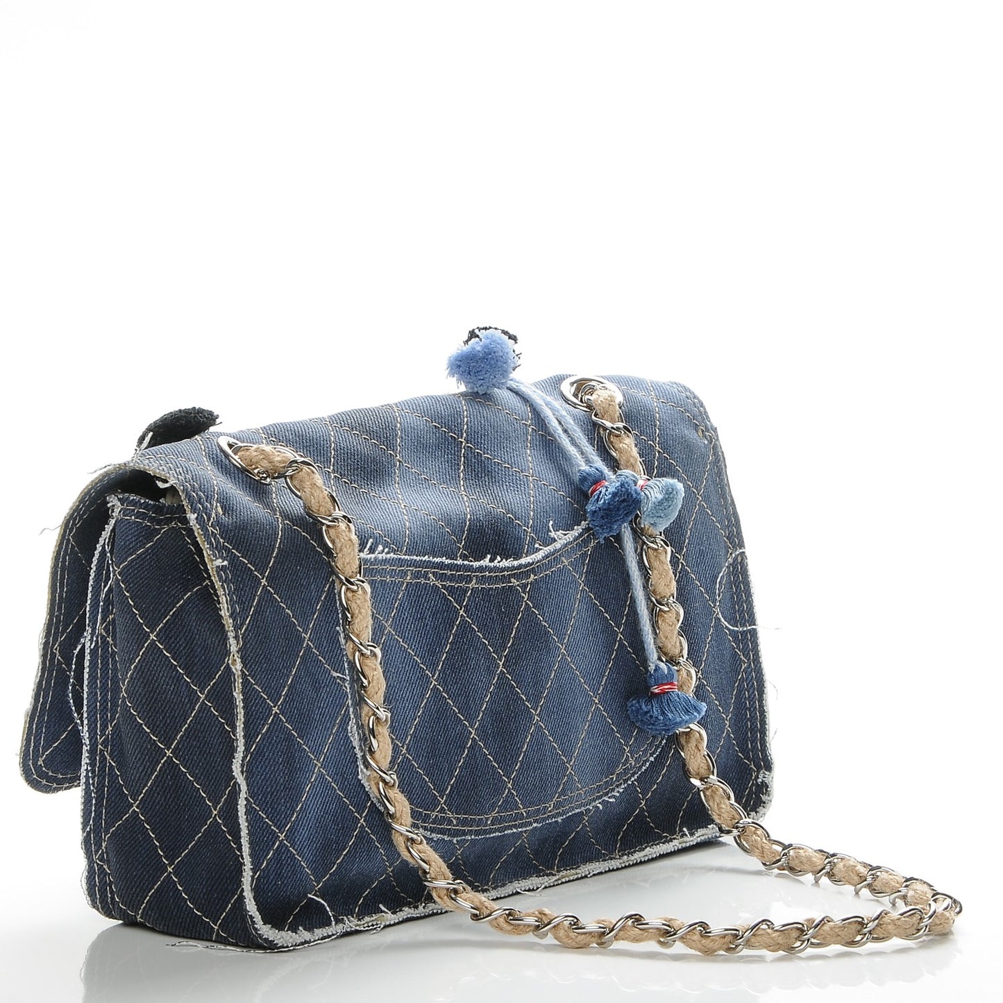 Denim Quilted Jumbo Pompom Flap Dark Blue