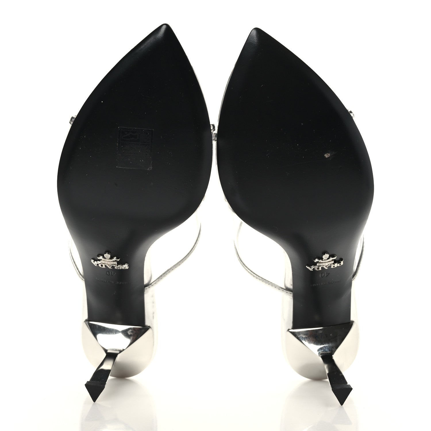Prada Plexiglass Metallic Calfskin Metal Triangle Logo 75mm Slide Sandals 40 Argento 5 of 8