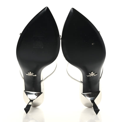 Prada Plexiglass Metallic Calfskin Metal Triangle Logo 75mm Slide Sandals 40 Argento 5 of 8