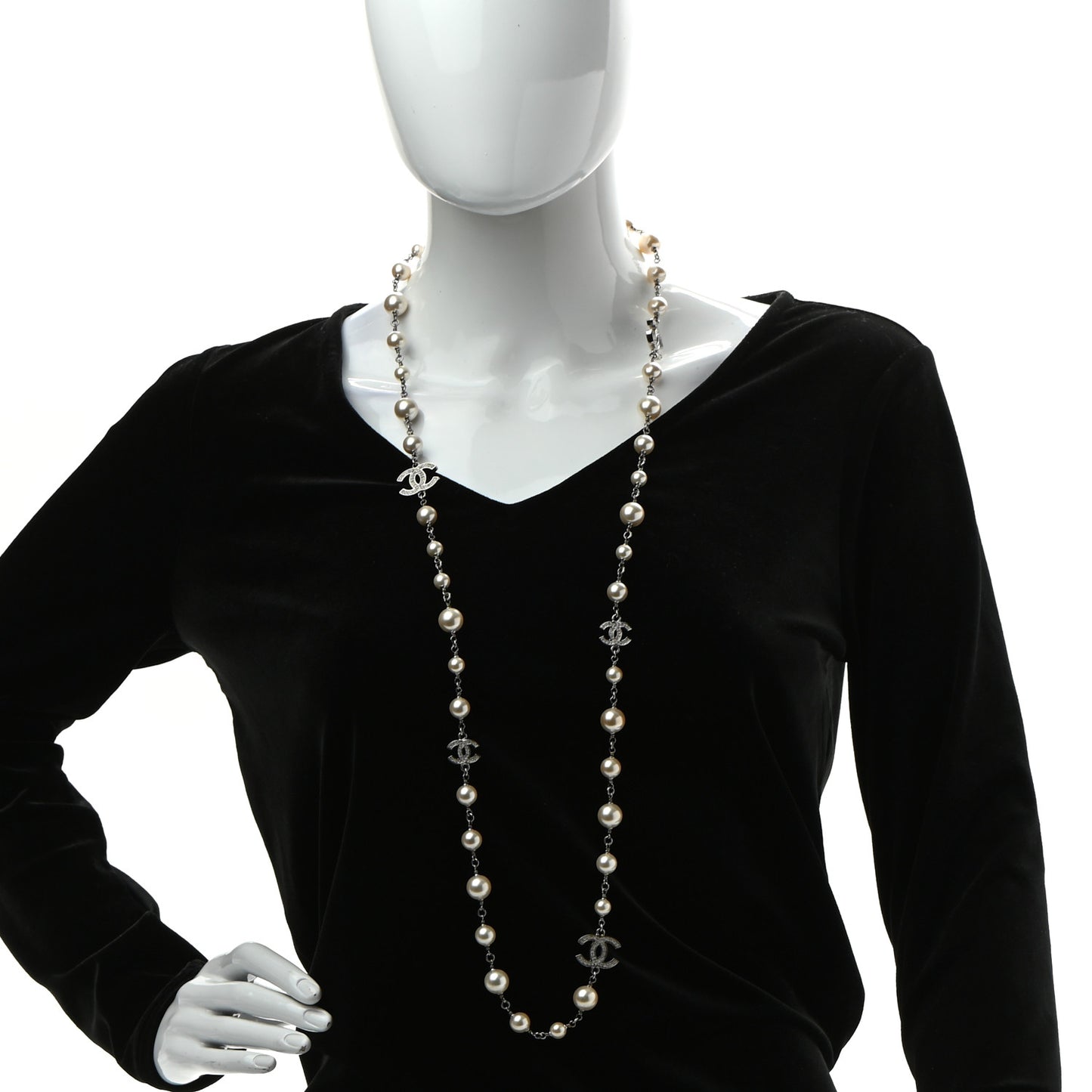 Crystal Pearl CC Long Necklace Silver