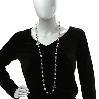 Chanel Crystal Pearl CC Long Necklace Silver 2 of 5